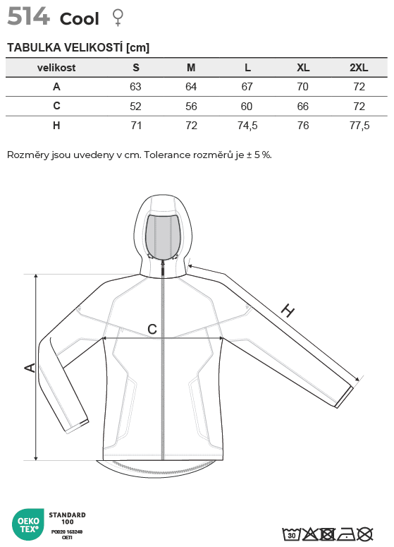 514 Cool softshellová bunda dámská Tabulka velikostí